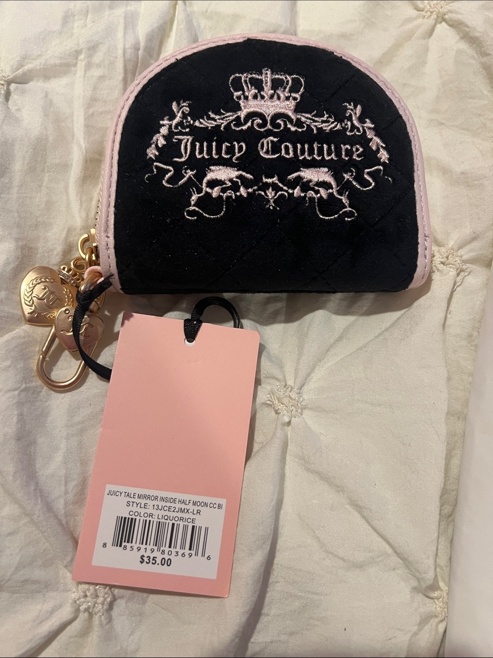 Juicy Couture Black Velvet Quilted card holder Pouch with Pink Trim